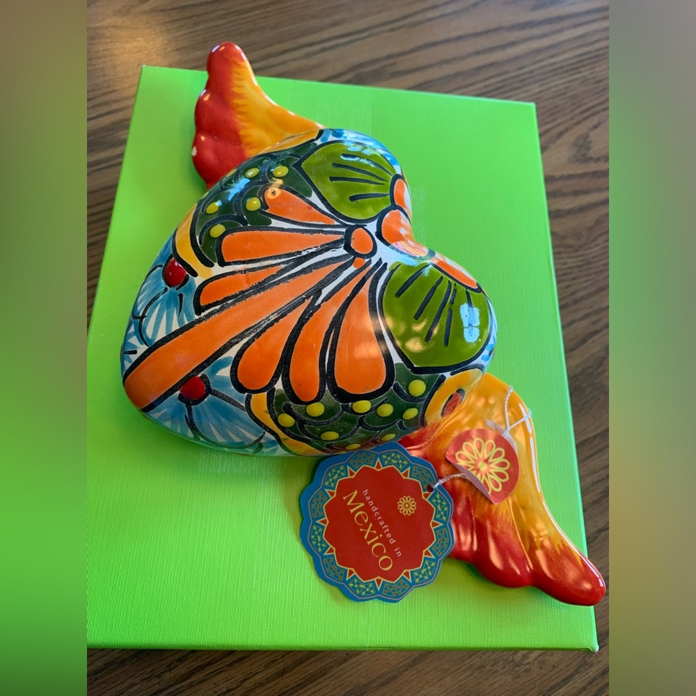 Talavera Mexico ceramics colorful decorative heart with wings Garden handmade